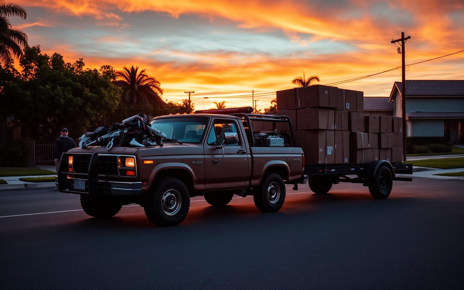 Hauling truck loaded with boxes at sunset in Oxnard